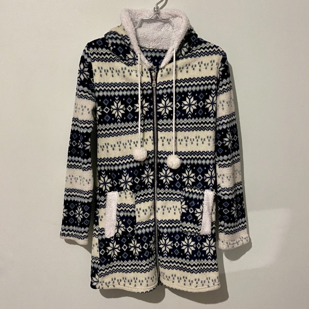 Fuzzy Holiday Snowflakes Zip Cardigan